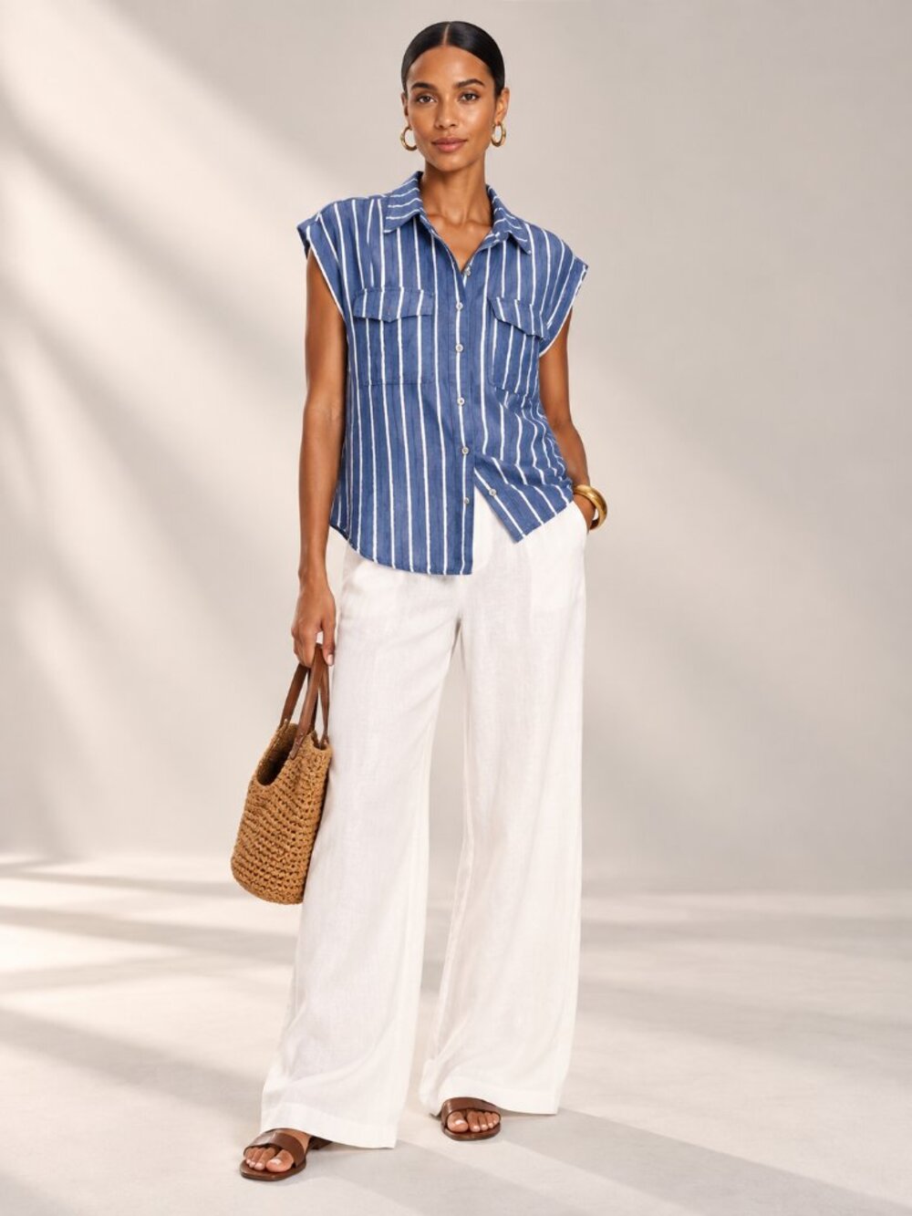 Ann Taylor Factory Blue White Stripe Button Up Rolled Sleeve Top M NWT